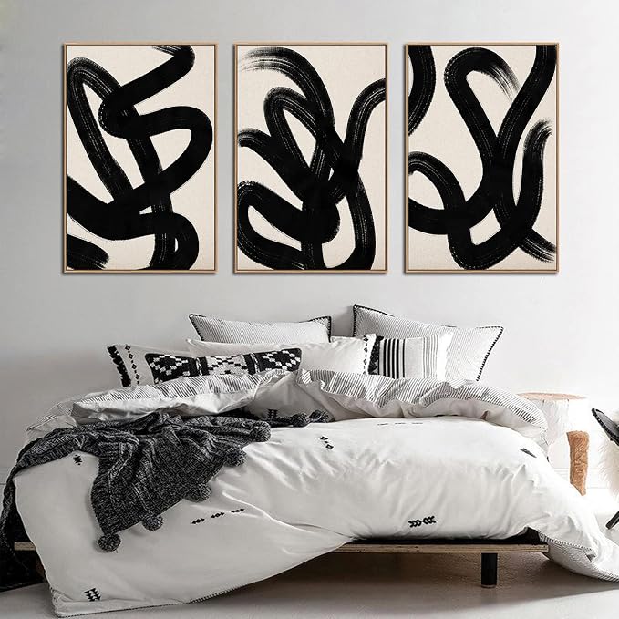arteWOODS Framed Wall Art Canvas Set Abstract Lines Pictures Modern Mid Century Boho Wall Decor Minimalist Abstract Black Stroke Painting Artwork Living Room Bedroom Home Office 32" x 48" *3 Natural