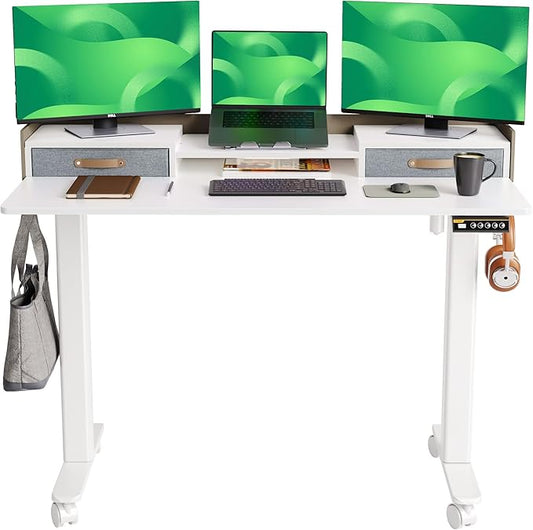 Claiks Standing Desk with Drawers, Stand Up Electric Standing Desk Adjustable Height with Storage Shelf and Splice Board, 48 Inch, White