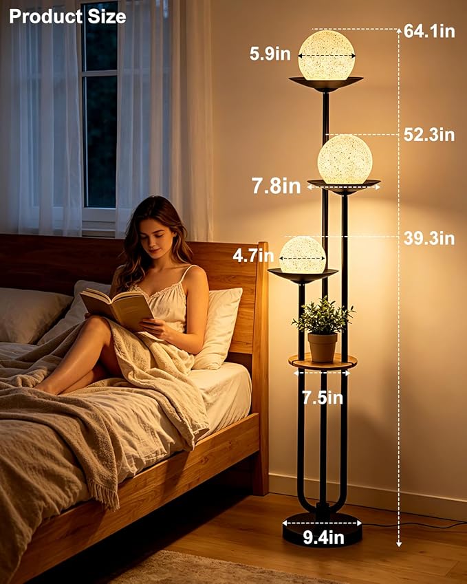 Lightdot Globe Floor Lamp with Shelf 3-Lights Modern Dimmable Floor Lamps for Wedding/Party, 3000K Warm White Bulbs Included, Black Tall Standing Lamp with Grey Shade for Living Room/Bedroom