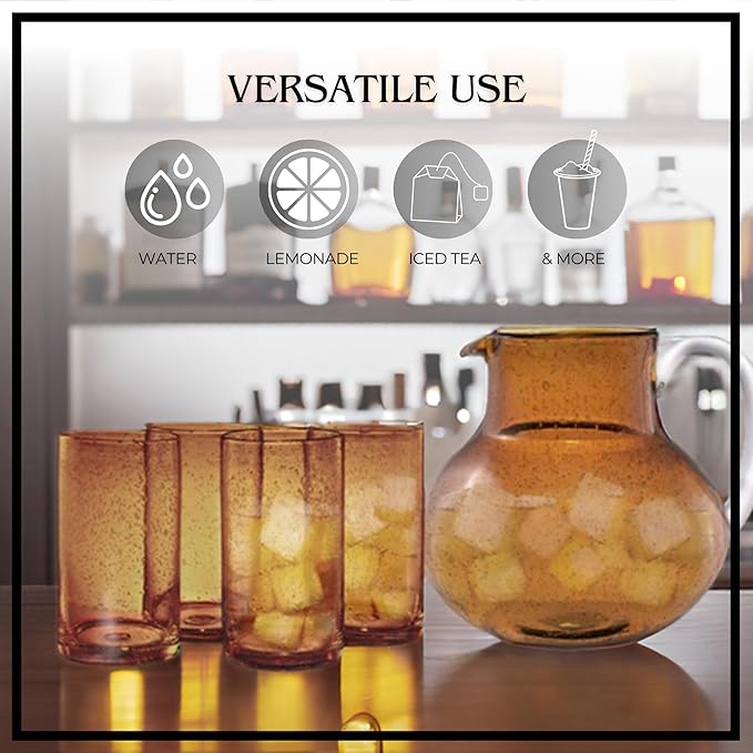 ARTLAND Iris 90oz Glass Pitcher & 17oz Highball Glasses (Set of 4) - Handcrafted Drinkware, Unique Bubble Design, Lead-Free Glass for Serving Beverages, Home Dining, Entertaining Essentials (Amber)