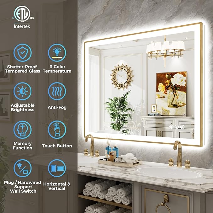 48x32 Inch LED Bathroom Mirror with Lights (Front Lit and Backlit) Gold Framed Lighted Vanity Mirror for Bathroom Wall Dimmable Anti-Fog Memory Tempered Glass Horizontal/Vertical