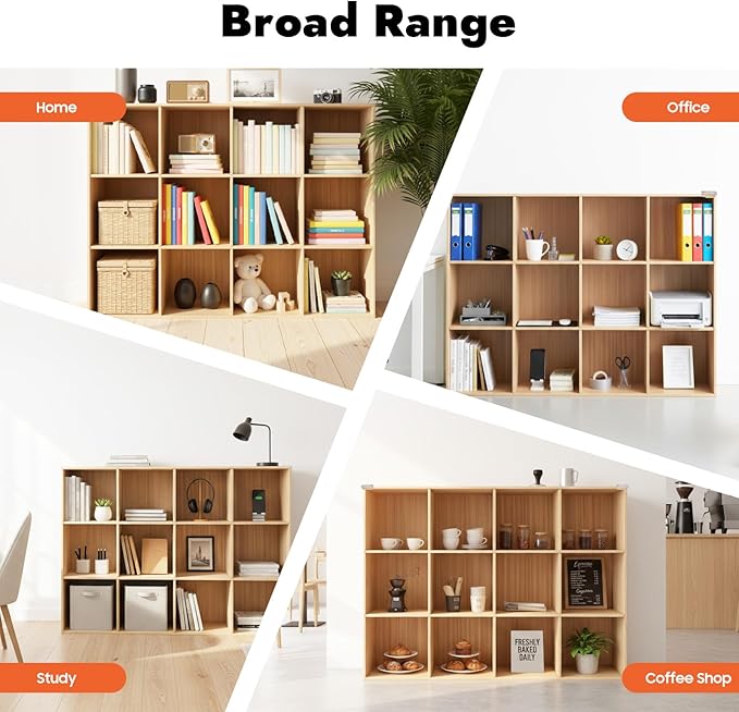 12-Cube Pine Wood Storage Organizer, Solid Wooden Bookshelf with Back Panel, 11in Shelf Opening Bookcase, Freestanding for Living Room, Bedroom, Office (47.2 x 11.8 x 35.4in)