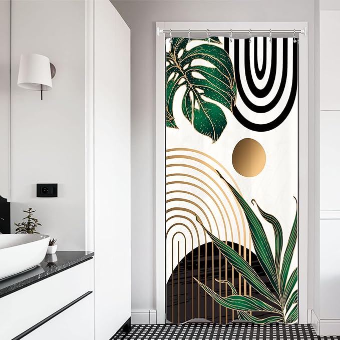 Miyotaa Stall Emerald Green Shower Curtain Set 36Wx71H Inches Abstract Small Half Minimalist Modern Tropical Leaves Geometric Aesthetic Contemporary Waterproof Bathroom Curtain with 12 Hooks