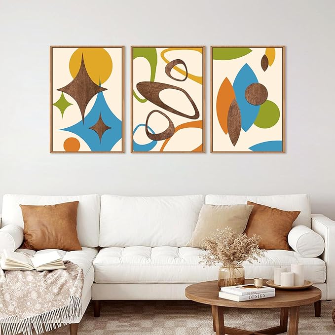TOARTi 3PCS Framed 3D Mid Century Modern Wall Art Set(16x24inches), Vintage Abstract Geometric Modern Wall Decor, Boho Minimalist Illustration Artwork for Bedroom Bathroom Living Room