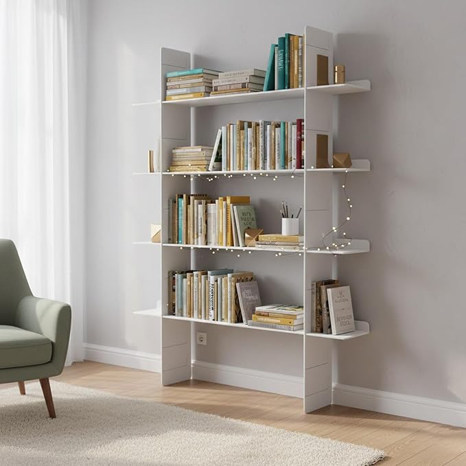 4 Tier Floating Book Shelf, Metal Wall Mounted Storage Shelves with 2 Uprights & 4 Shelves, Easy Install Display Shelf for Books, Plants, Decor & Collectibles, White