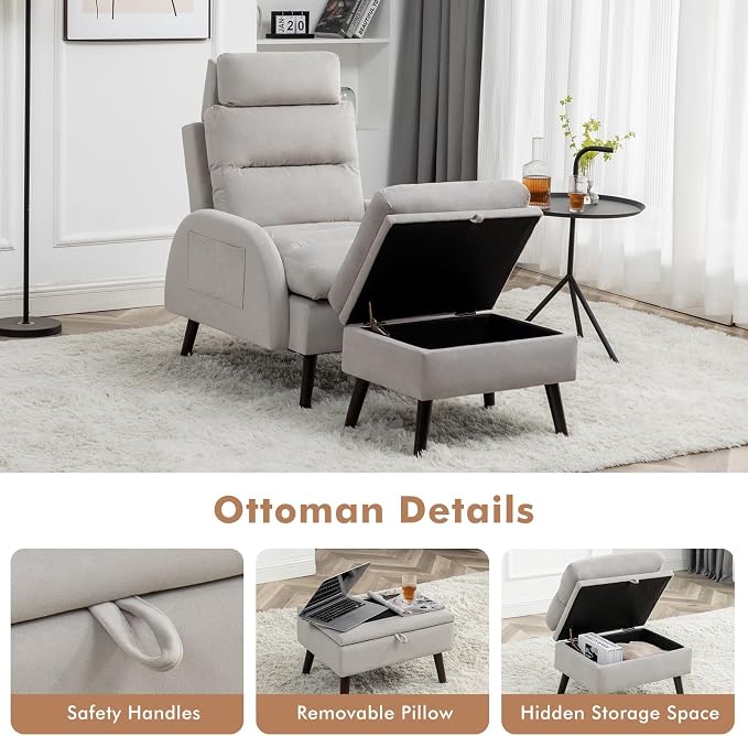 HCHAIRH Accent Chair with Ottoman, Comfy Reading Chair with Ottoman Set, Modern Oversized Velvet Lounge Armchair with Adjustable Backrest for Living Room Bedroom (Grey)