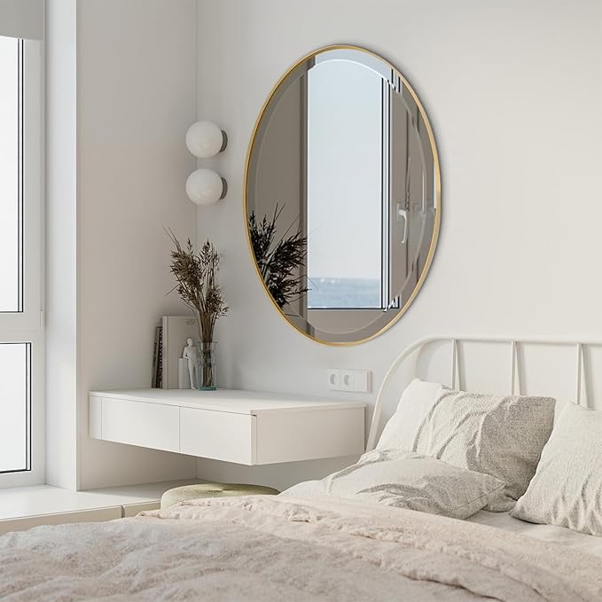 POZINO Vanity Beveled Mirrors, 22"x30" Oval Mirror for Over Sink, Modern Brass Mirror with Stainless Steel Frame, Brush Gold Rounded Mirrors for Bathroom Bedroom Living Room, Horizontal Or Vertical ﻿