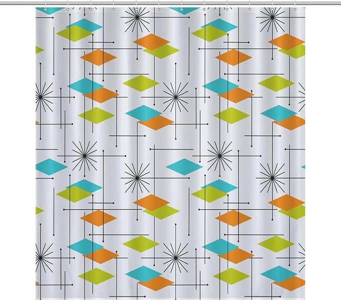 Mid Century Modern Shower Curtain,Retro Abstract Atomic Starburst Geometric Diamond Pattern Shower Curtains Set for Bathroom Fabric Decorative Bath Curtain Washable Curtain Hooks, 72”x72”
