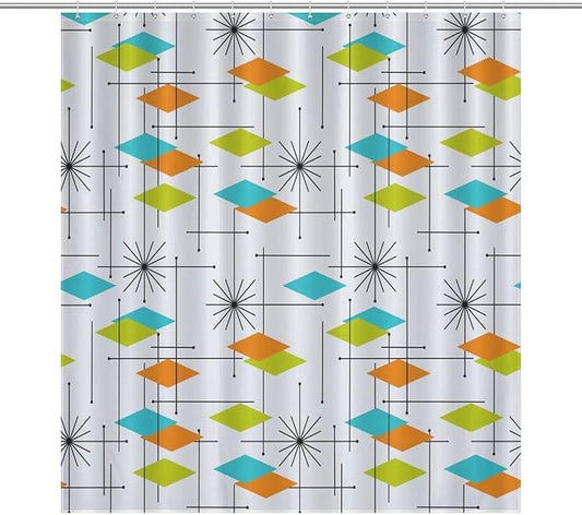 Mid Century Modern Shower Curtain,Retro Abstract Atomic Starburst Geometric Diamond Pattern Shower Curtains Set for Bathroom Fabric Decorative Bath Curtain Washable Curtain Hooks, 72”x72”
