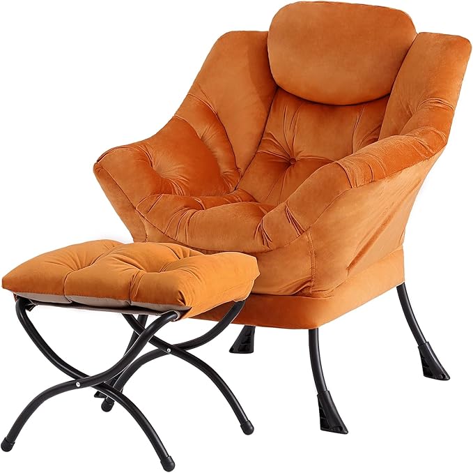 Tiita Lazy Chair with Ottoman, Orange Modern Large Accent Armchair, Comfy Leisure Sofa Reading Chair with Footrest for Bedroom, Living Room, Dorm Rooms, Garden, Velvet Orange