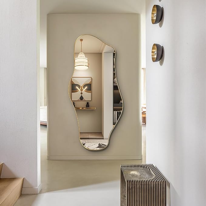 Large Irregular Mirror, 55"x25.6" Gold Asymmetrical Mirrors, Abstract Full Length Mirrors with Metal Frame, Cloud Shaped Mirror for Living Room Bathroom Bedroom Hallway Entryway Fireplace