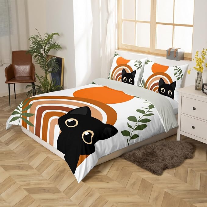 Erosebridal Funny Cat Toddler Comforter Cover Vintage Mid Century Bedding Set Modern Minimalism Animals Duvet Cover for Kids Girls Boys Adults Boho Abstract Geometric Bed Set