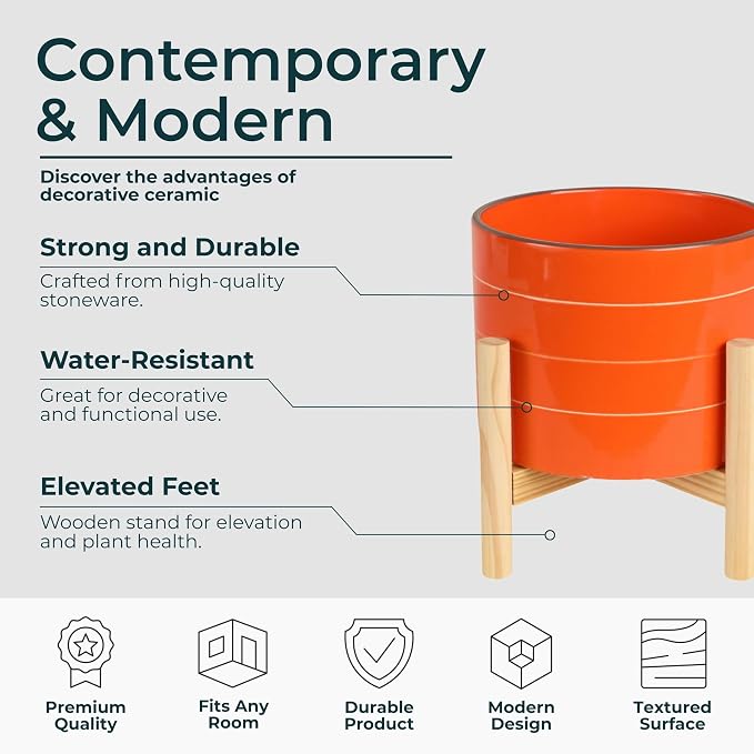 Striped Ceramic Planters with Wooden Stand as Home Decor Flower Pots for Entryway, Patio, Tabletop, and Garden - Colorful Decorative Pots for Indoor and Outdoor Plants - 9", Orange & Tan