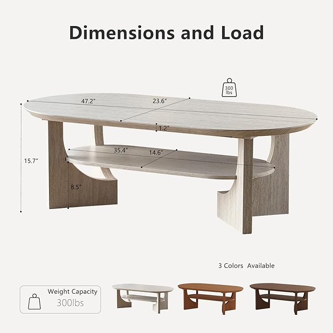 Modern Oval Coffee Table, 2 Tier Faux Stone Coffee Table with Storage Shelf & Sturdy Base, 47 Inch Minimalist Wood Center Tea Tables for Living Room, Apartment, Office, Stone Color
