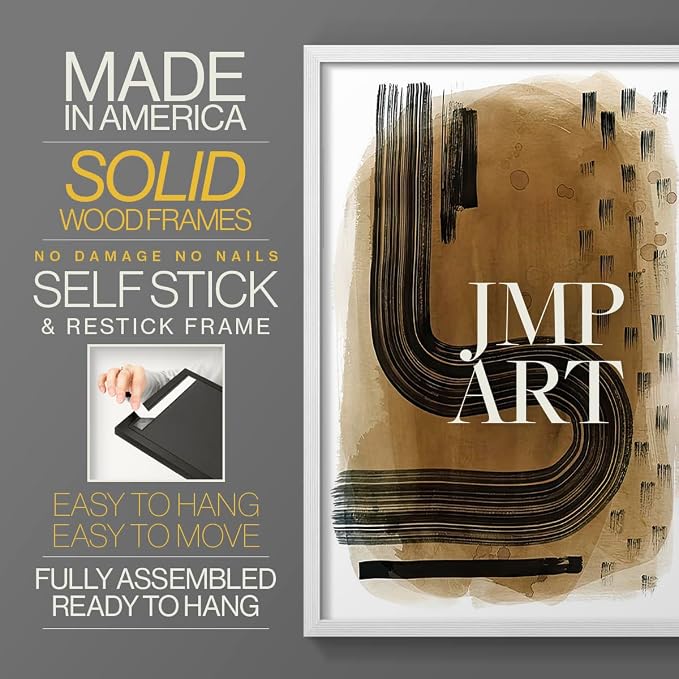 Renditions Gallery Set of 2 Peel & Stick Framed Prints, Abstract Wall Art, Hand Drawn Ink Curves Wall Decor, Re-Stickable - Ready to Hang - 8"x10" - White Frame LT588