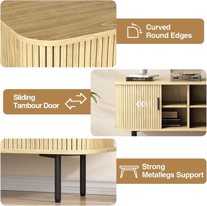 47''W Storage Cabinet, Fluted Sideboard Buffet Cabinet with Storage, Console Table Credenza with Tambour Slatted Sliding Doors and Shelves, TV Stand for Living Room, Kitchen, Entryway, Natural