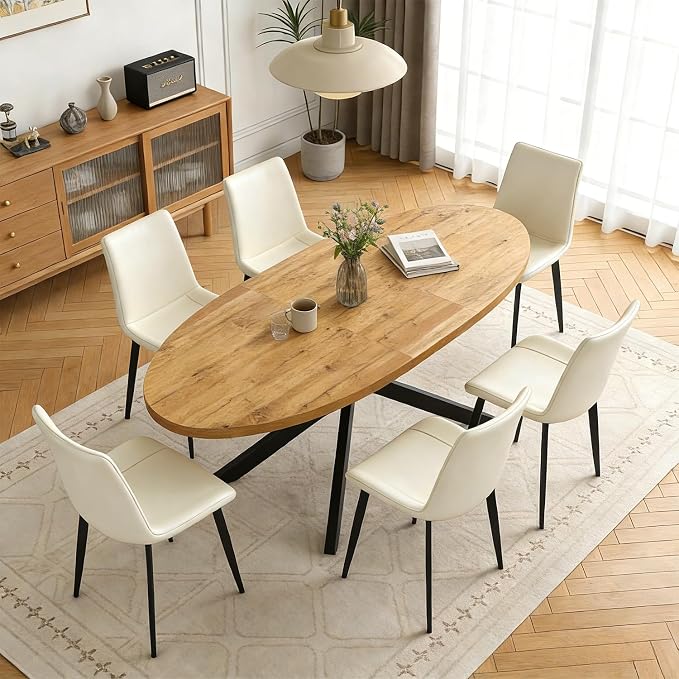 63"-78.7" Extendable Round Dining Table Set for 6, 7 Piece Mid Century Modern Oval Kitchen Table Set, Large Dining Table with 6 Dining Chairs for Living Room Space Saving(Walnut Table+6 Beige Chairs)