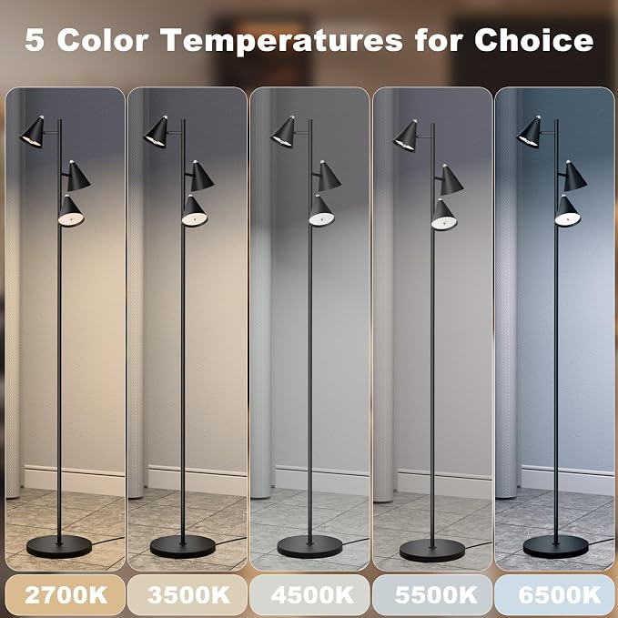 Black Floor Lamp with 3 Rotatable LED Lights，Magnetic Remote，5 Color Temp
