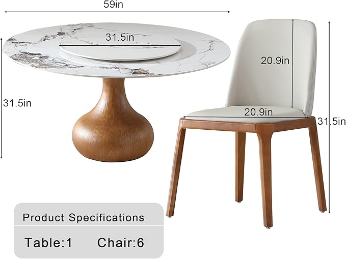 Marble Dining Table, 59" Round Sintered Stone Table with 6 Chairs for Dining Room, Kitchen, Dinette, Compact Space with Lazy Susan