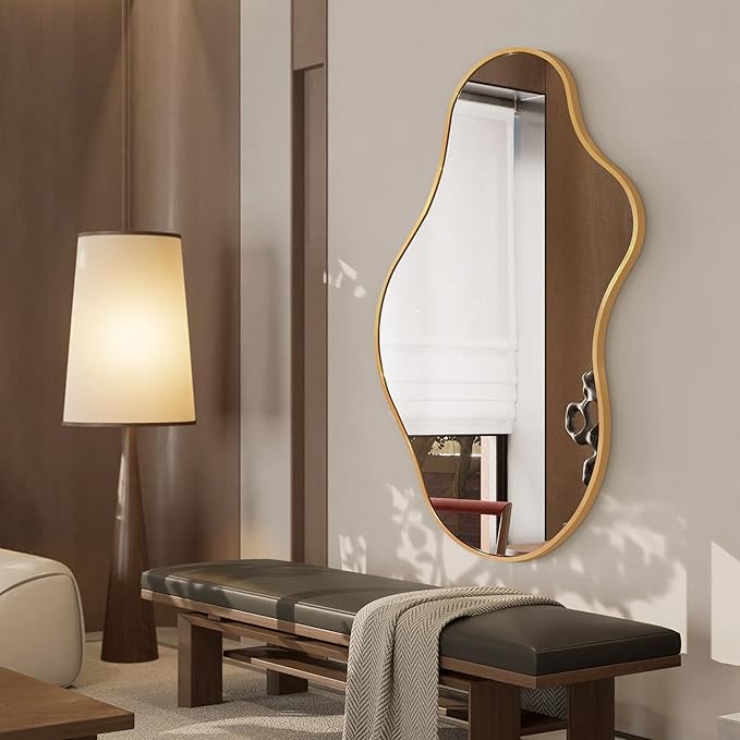 Bathroom Mirrors for Over Sink - Long Wall Mirrors Decorative 24"x 43" Asymmetrical Abstract Aviation Aluminum Alloy Frame Unique for Bedroom, Living Room, Cloakroom, Entryway Gold