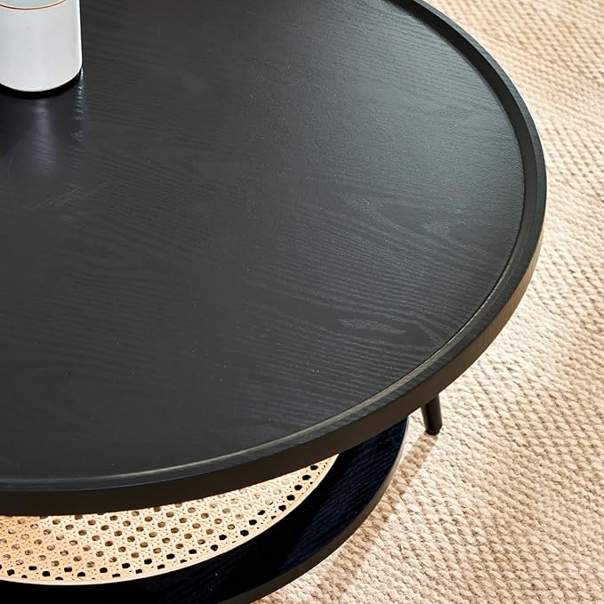 Saint Mossi Wood and Rattan Coffee Table for Living Room, Mid Century Modern Round Coffee Table, 2-Tier Boho Center Table for Small Space, Black Wood and Rattan Top, W31xH15