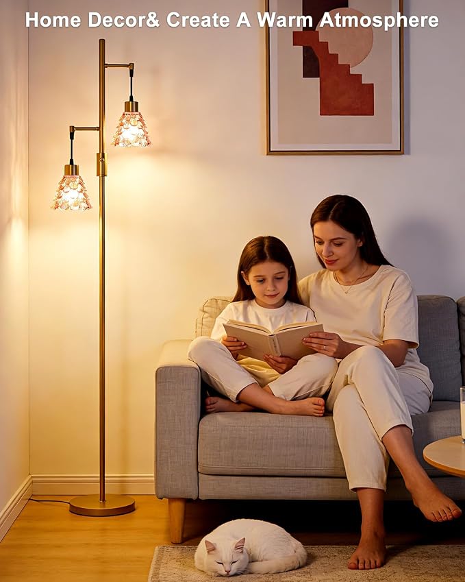 2-Light Modern Glass Floor Lamp, Gold Standing Tall Lamp with Deep Red Shell Glass Shade, Dimmable LED Floor Lamp with 5Lbs Heavy Base for Living Room Bedroom Home Decor, Bulb Included