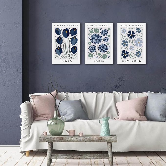 BingruiArt Flower Market Wall Art Navy Blue Canvas Boho Floral Wall Decor Modern Retro Botanical Posters Prints Pictures for Livingroom Batroom Bedroom Dorm Room 3Pcs 16"x24" Framed