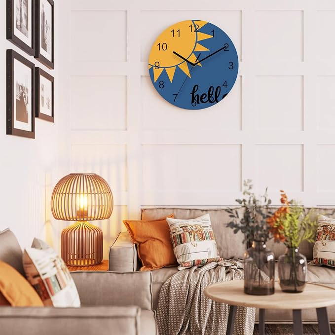 Sunburst Rays Wall Clock Battery Operated Non-Ticking 10" Round Wood Clocks, Mustard Yellow Slate Blue Kitchen Wall Clock for School Bathroom Living Room Home Office Wall Decor