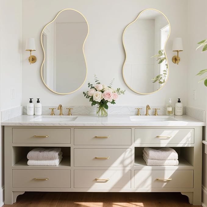 HOMECOOKIN 36" H x 20" W Irregular Wall Mirror, Asymmetrical Decorative Mirror with Gold Aluminum Frame, Wavy Abstract Gold Mirror, for Living Room, Bedroom, Bathroom, Entryway, Cloakroom
