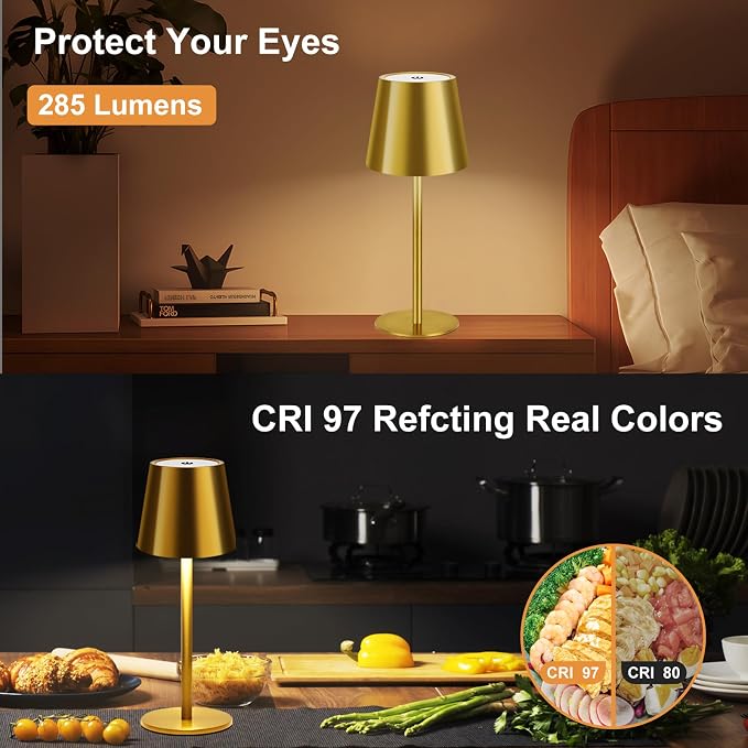 Gold Cordless Table Lamp Set of 2 - 8-20 Inches Adjustable Height, 5000mAh Rechargeable Battery LED Desk Lamp, 3 Color Stepless Dimmable, Portable Waterproof Metal Table Light for Indoor/Outdoor