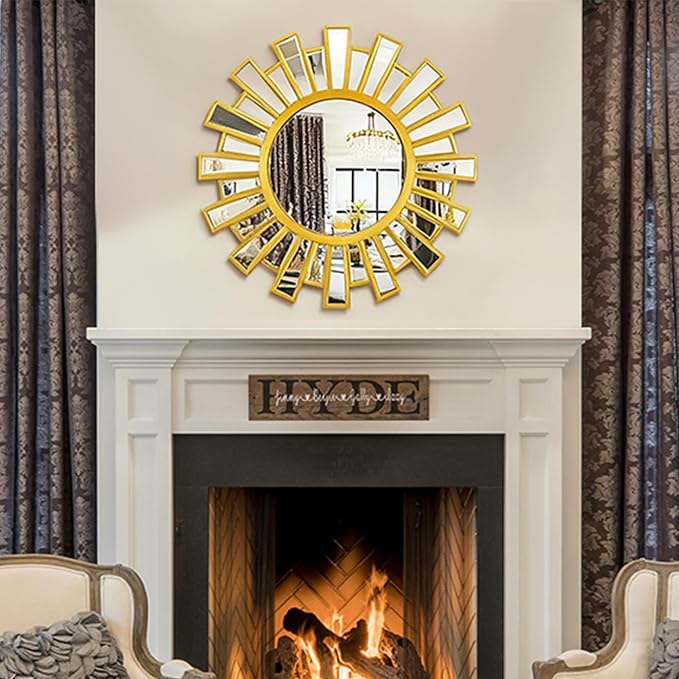 Gold Sunburst Mirrors for Wall Decor,24" Large Sun Mirror,Starburst Mirror for Living Room, Fireplace,Bedroom, Entryway