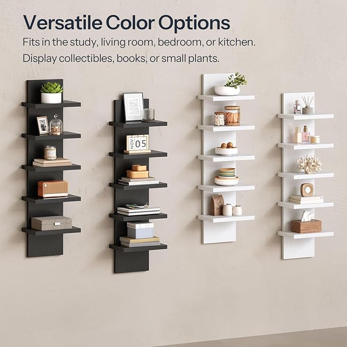 HOOBRO 5 Tier Wall Shelf Unit, 2 Pack Floating Shelves Wall Mounted, Wall Mount Vertical Shelving, Floating Storage Rack, Organizer Tall Tower Design for Livingroom, Bedroom, Kitchen, White WT18BJP201