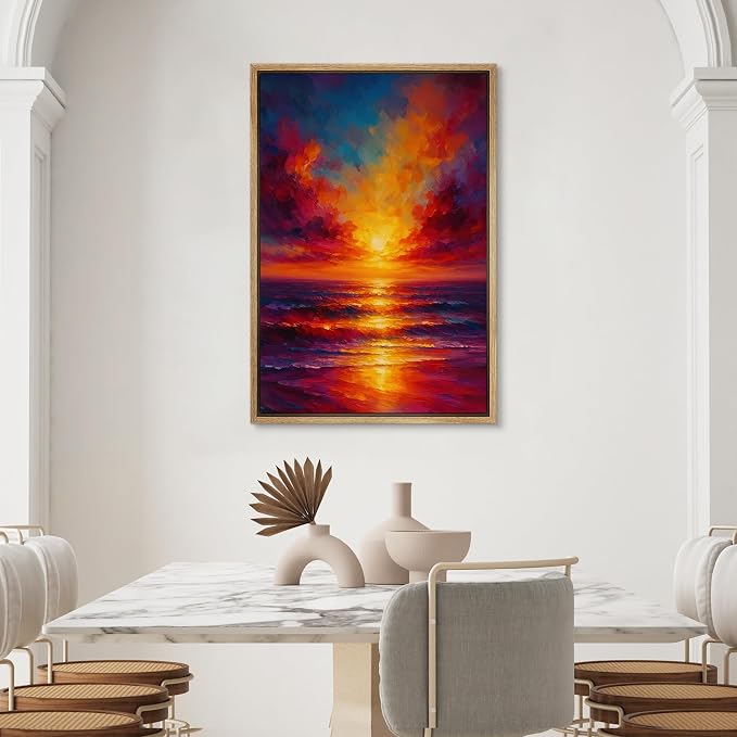 SIGNWIN Framed Canvas Print Wall Art Vivid Ocean Sunset Colorful Seascape Decorative Multicolor Colorful Rustic for Living Room, Bedroom, Office - 24"x36" Natural