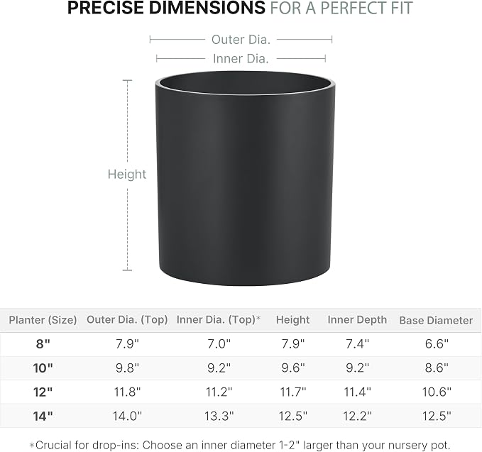 FaithLand 12 Inch Fiberstone Planter - Lightweight Modern Cylinder Plant Pot with Drainage Hole & Plug, Indoor Outdoor Use, Matte Black