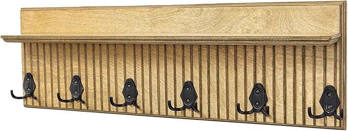 Rustic Wall Mounted Coat Rack with Shelf Wooden Entryway Organizer with 5 Metal Hooks for Coats Hats Towels Keys Floating Storage Shelf for Bathroom Bedroom (Jade, 20 inch Striped (4 Hooks))