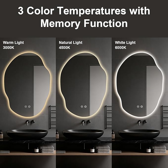 Asymmetrical Bathroom Mirror with Lights,Irregular LED Bathroom Vanity Mirror with Backlit,Anti-Fog,3 Colors and Dimmable Light with Memory,Hardwired Supported[Horizontal/Vertical] 35" H x 25" W