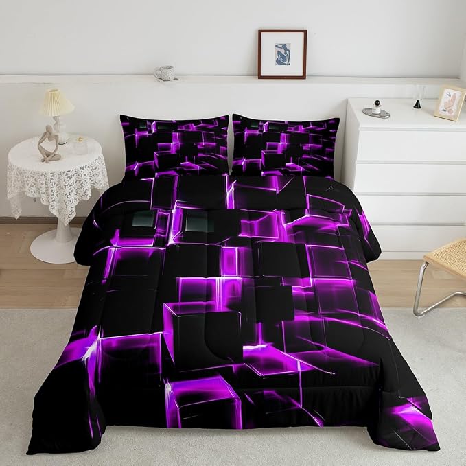 Erosebridal Purple Black Geometric Comforter Set Twin Size 3D Stereoscopic Square Bedding, Glowing Neon Squares Bed Set 2 Piece Gradient Grid Plaid Soft Microfiber Down Comforter