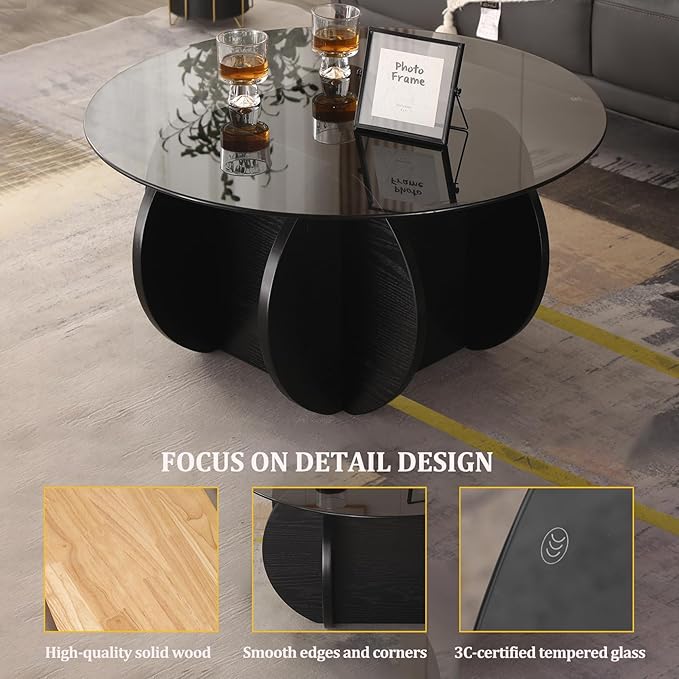 Black Coffee Table, 31.5" Round Glass Coffee Table for Living Room Mid Century Modern Coffee Table Unique Circle Center Table with Wood Base