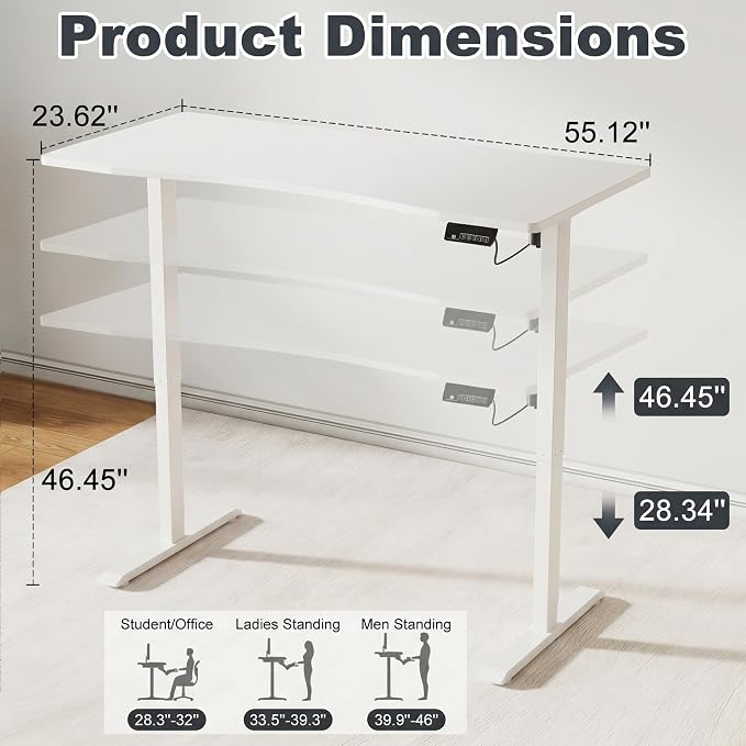 Solid Wood Electric Standing Desk 55"x23.6"Home Office Desk,Adjustable Workbench with 3 Stages Single Motor, Computer Workstation with T-Shaped Metal Bracket,Walnut Standing Table for Gaming(1 Box)