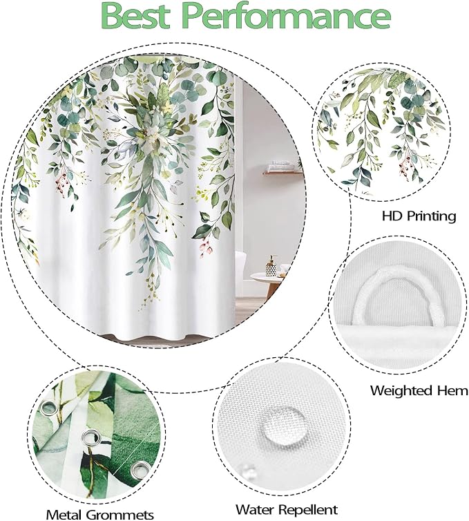 84 Inch Extra Long Green Eucalyptus Shower Curtain Watercolor Floral Plant Leaf Shower Curtains for Bathroom Botanical Flower Waterproof Fabric Bath Curtain with Hooks (Green, 72'' x 84'')