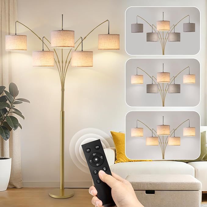 Gold Floor Lamps for Living Room, 4000LM Super Bright Arc Floor Lamp with Remote Control, Large Tall Floor Lamps with Stepless Dimmable, 80" Mid Century Tree Floor Lamp for Bedroom, Office