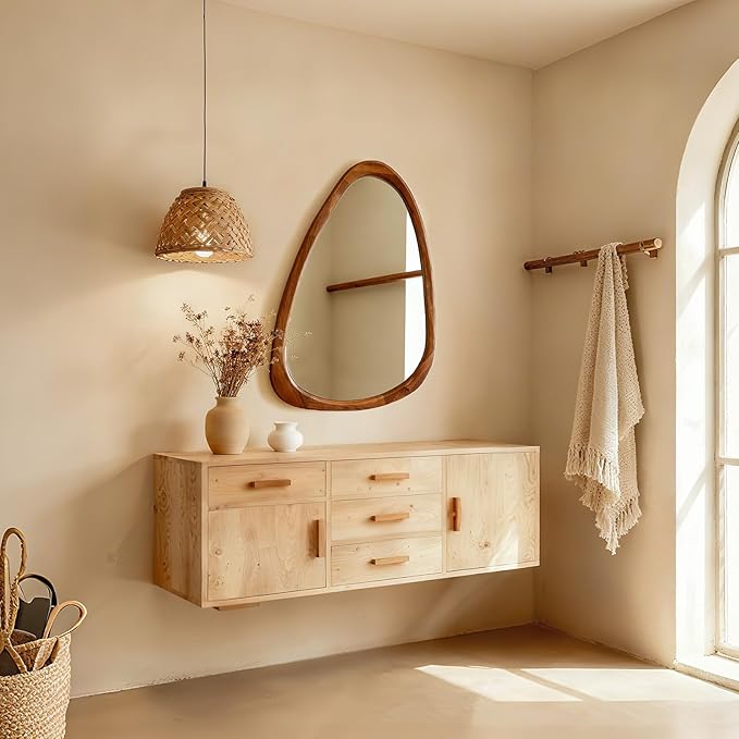 30"x20" Asymmetrical Wall Mirror with Solid Wood Frame – Full-Length Irregular Design, Anti-Burst Tempered Glass, Boho Chic & Mid Century Modern Style for Bedroom, Living Room, Entryway