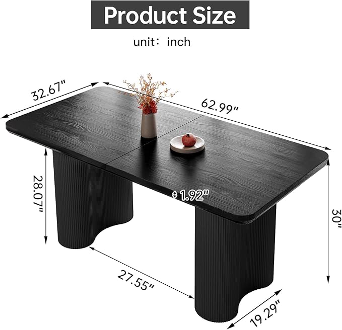 62.99" Rectangular Dining Table, Modern Kitchen Table with Wavy Legs, Home Dining Table for Kitchen, Bar, Restaurant,Living Room, Small Space, Easy Assembly,Black,Table Only