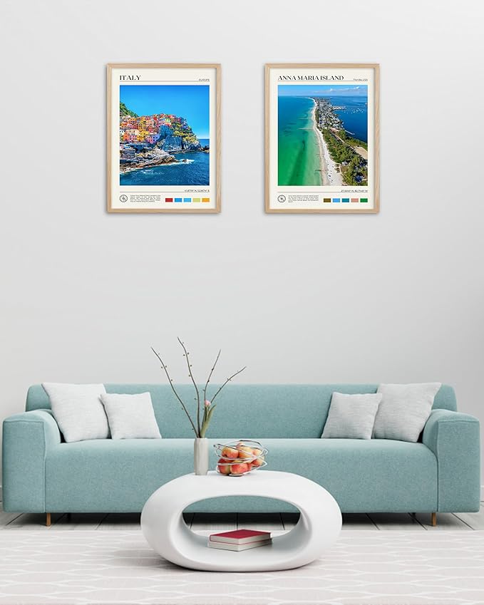 HesenDot Natural OAK Wood Framed Cinque Terre National Park Wall Art,12x16in Italian Natural Seascape Canvas Wall Print,Classic Urban Landmark Wall Decor for Living Room, Bedroom,Office Set of 1