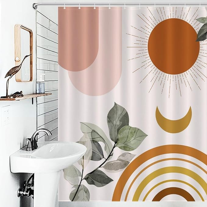 Boho Mid Century Shower Curtain,Green Nature Leaf Sun Modern Minimalist Bathroom Curtain Polyester Waterproof Fabric Decor 66x72in（168x183cm）
