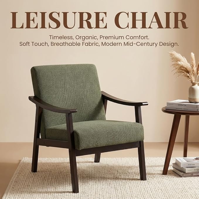 Mid-Century Modern Accent Chair, Upholstered Arm Chair Solid Wood Frame for Lounge, Living Room, Reading Room, Bedroom (Antique Green)