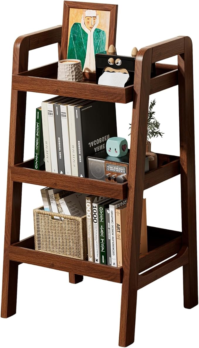 100% Solid Wood 3-Tiers Ladder Shelf, Small Bookcase, Ladder Bookshelf, End/Side Table for Living Room, Display Storage Open Shelf for Bedroom Kitchen Bathroom (Walnut Color)