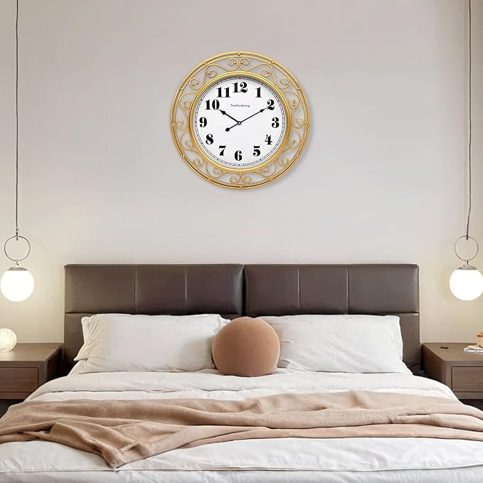 SwallowLiving 24 Inch Vintage Iron Large Metal Frame Gold Wall Clock Silent, Battery Operated, Elegant Retro Decor for Living Room, Kitchen, Office, Dining Room, and Bedroom
