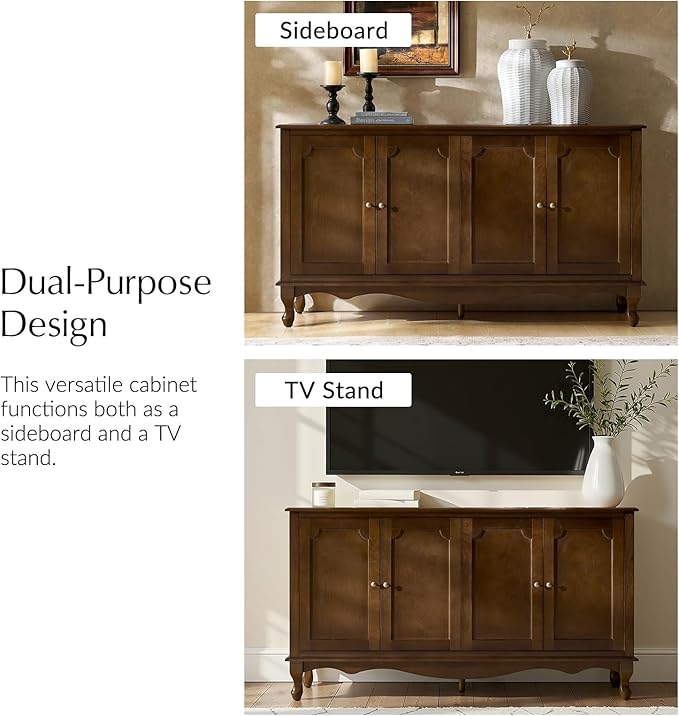 HULALA HOME Sideboard Buffet Cabinet with Storage, 58" Kitchen Farmhouse Wood Credenza Storage Cabinet with 4 Doors & 2 Shelves, Accent Console Table with Solid Wood Legs & Adjustable Shelves, Walnut