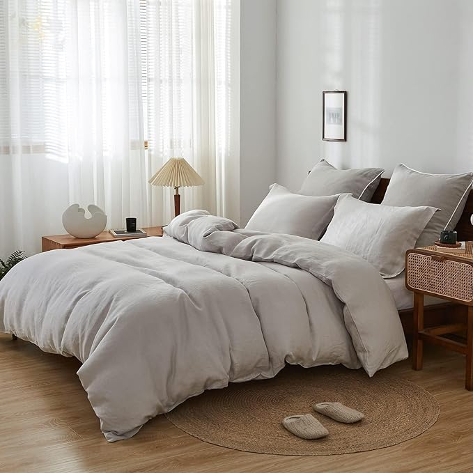 Simple&Opulence 100% Linen Duvet Cover Set, 3 PCS Natural French Flax Light Grey Duvet Cover King Size, Breathable Soft Comfy Linen Bedding Comforter Cover with 2 Pillowcases(Light Grey, 104" x 92")